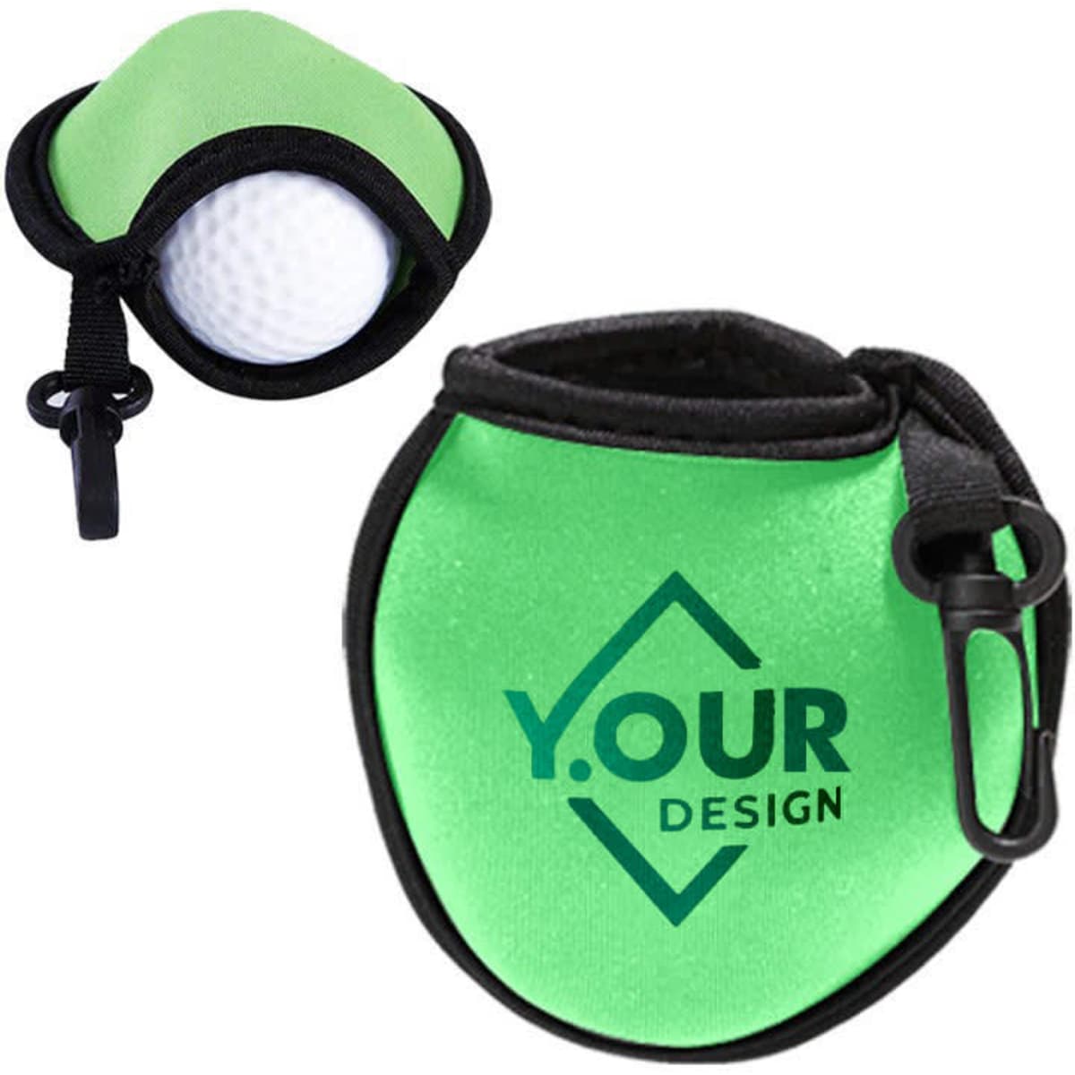 A green golf ball cleaning pouch with a zipper and a clip, designed to hold a golf ball securely inside.