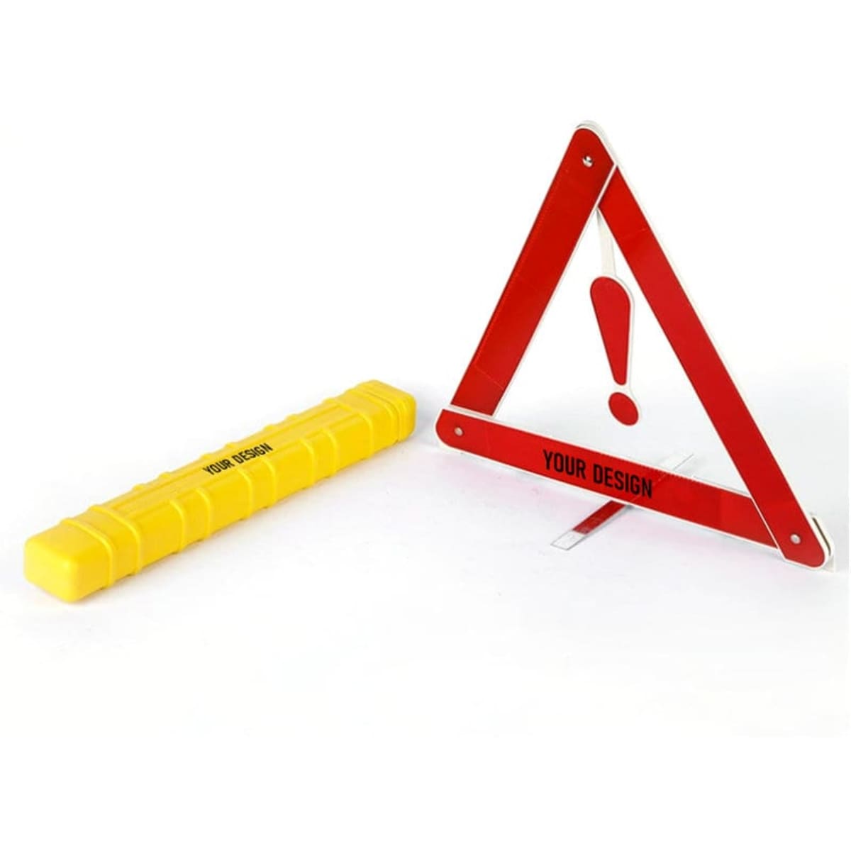A red and yellow auto folding safety tripod with a warning triangle and a yellow reflective stick, featuring branding.