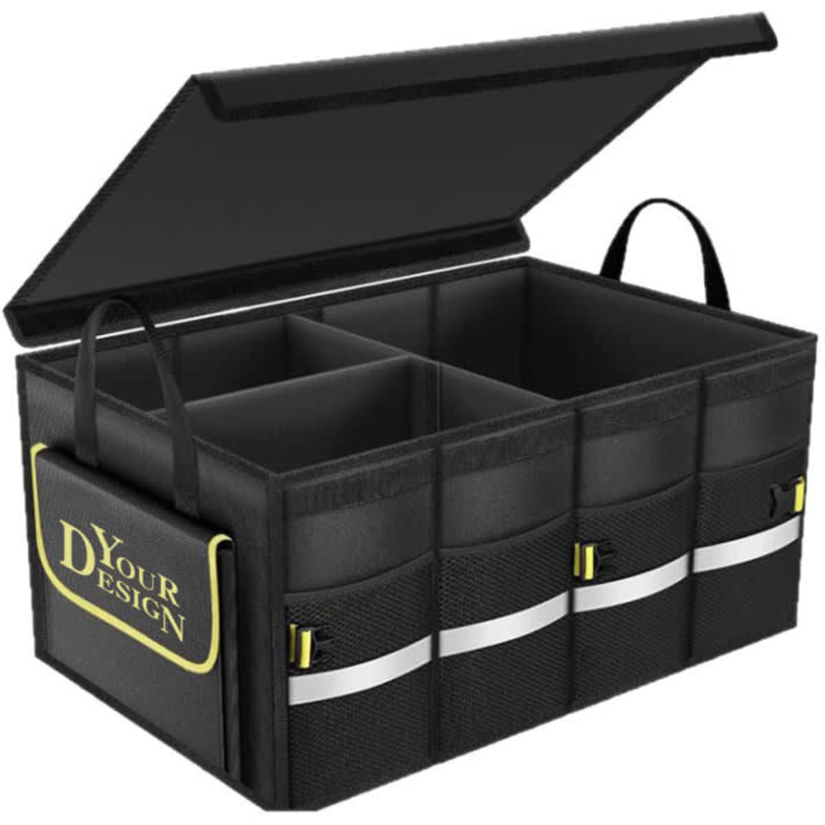 A black multi-compartment car trunk organizer with multiple sections and pockets, featuring a lid and handles.