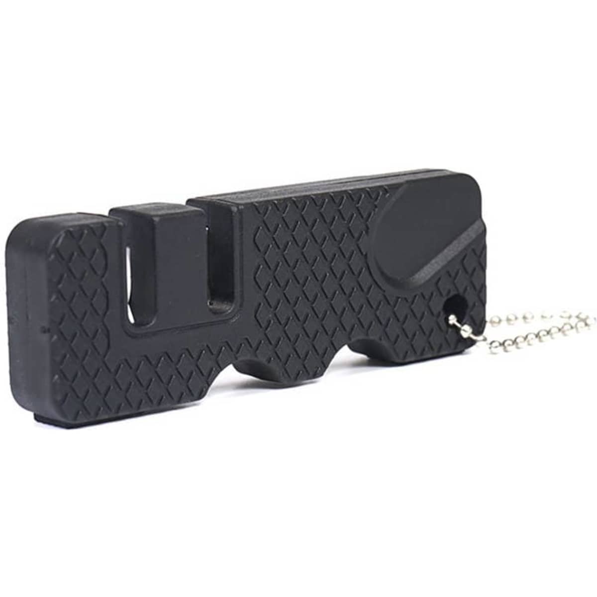 A black knife sharpener keychain with a textured surface, attached to a small metal chain.