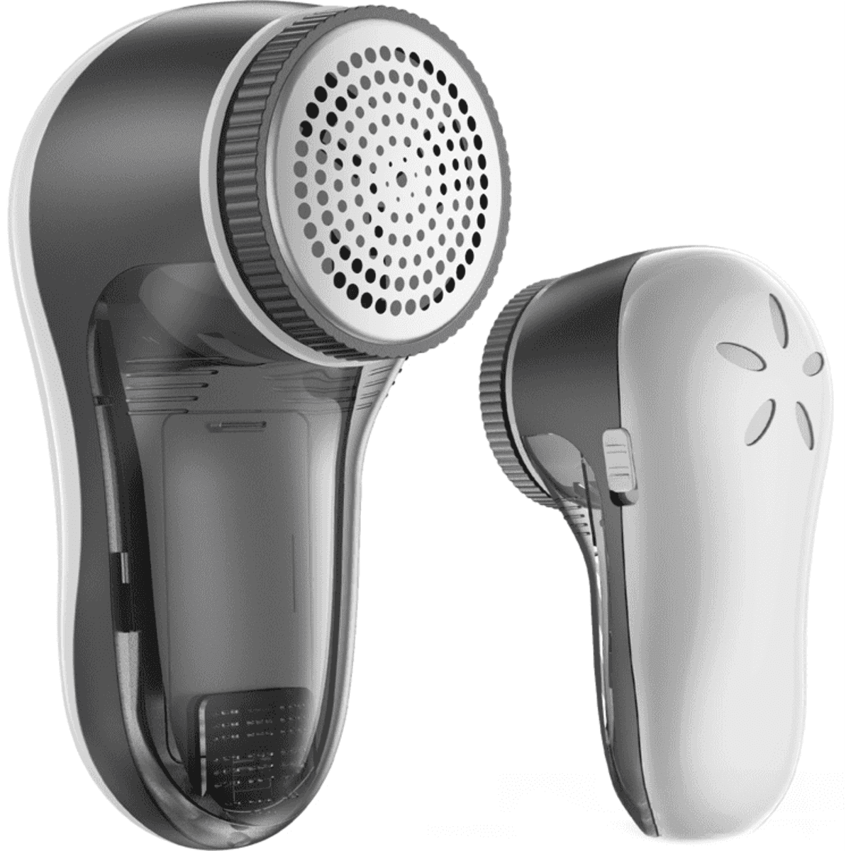 A portable lint remover in white and grey, featuring a rounded design with a mesh surface and an on/off switch.