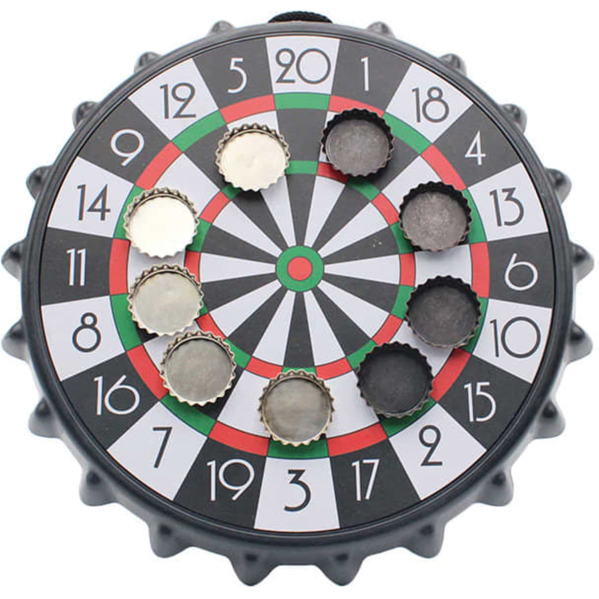 A drink bottle cap dartboard featuring a black and white design with coloured sections, holding several metal bottle caps.