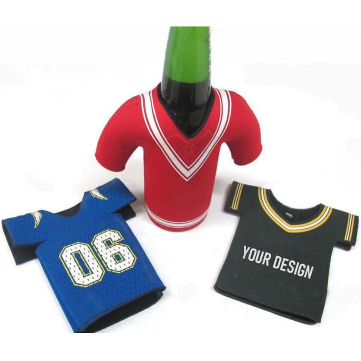 A drink bottle is in a red T-shirt shaped cooler, alongside blue and black cooler sleeves with jersey designs.