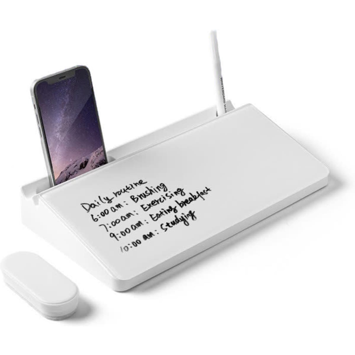 A white desktop whiteboard organiser featuring a holder for a phone and space for writing with a whiteboard marker.