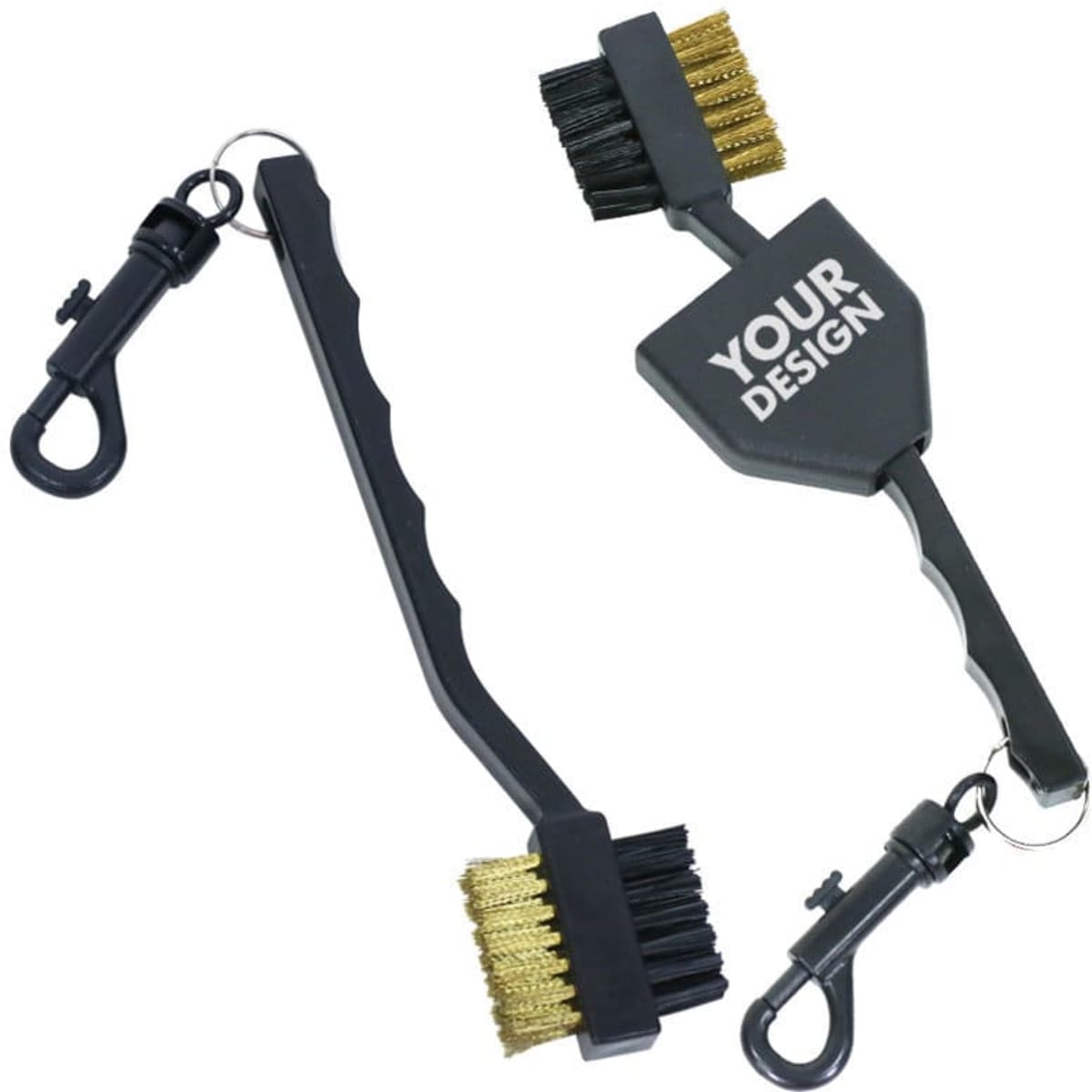 A golf club brush with dual heads, featuring black handles and gold bristles, includes a clip for attachment.