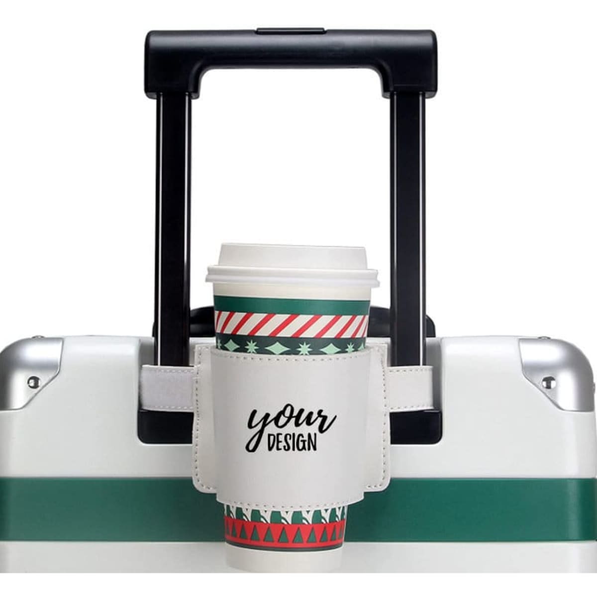 A drink bottle holder with a coffee cup sits on a wheeled bag, featuring a green and white design.