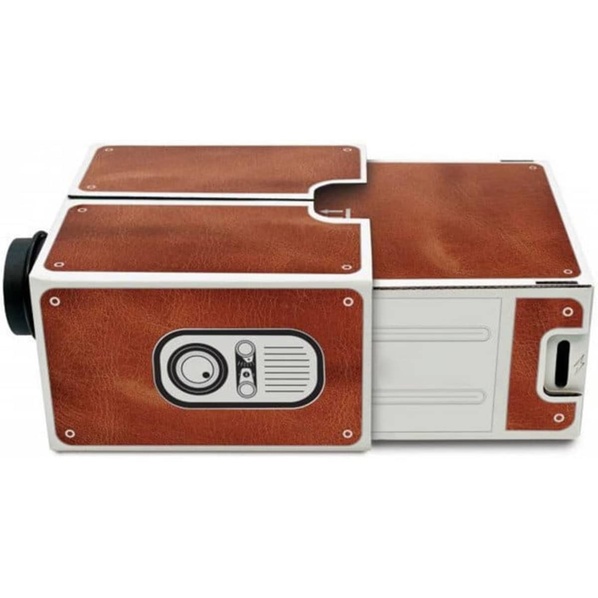 A cardboard smartphone projector with a brown leather-like exterior, featuring a lens and control panel.