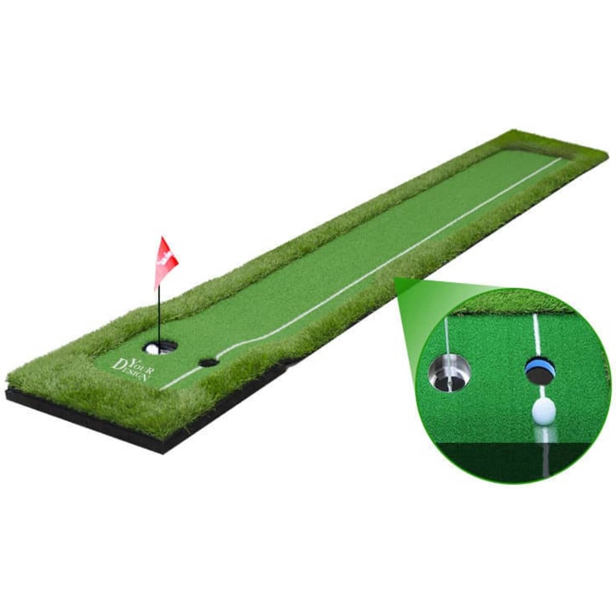 A golf putting green practice mat in vibrant green, featuring a hole and a flag, set on a black base.