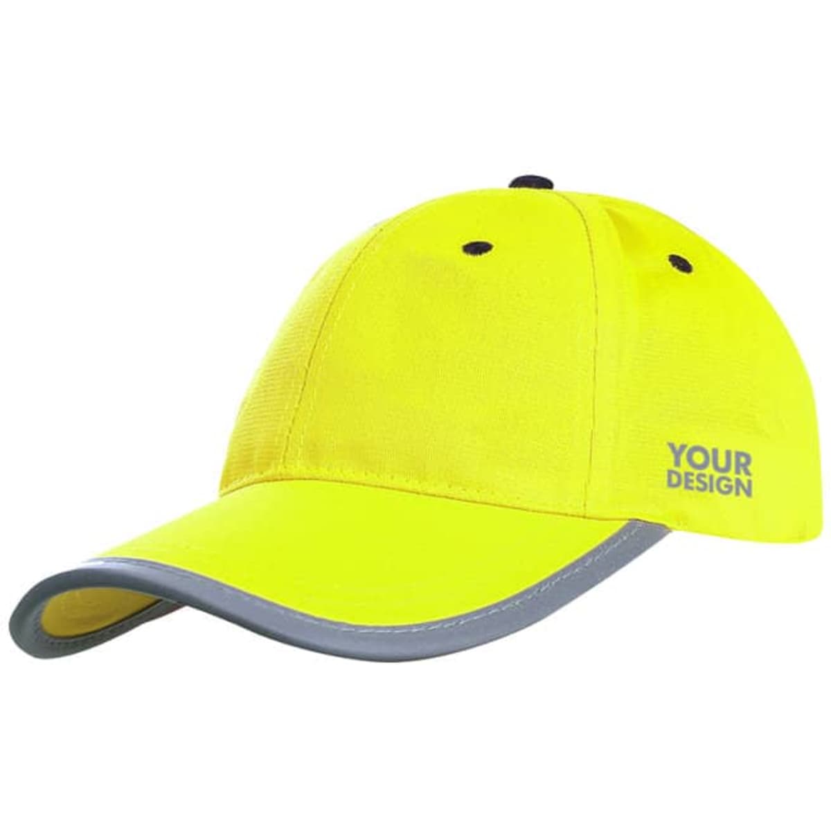 A high visibility reflective baseball cap in bright yellow with grey accents and a logo on the side.