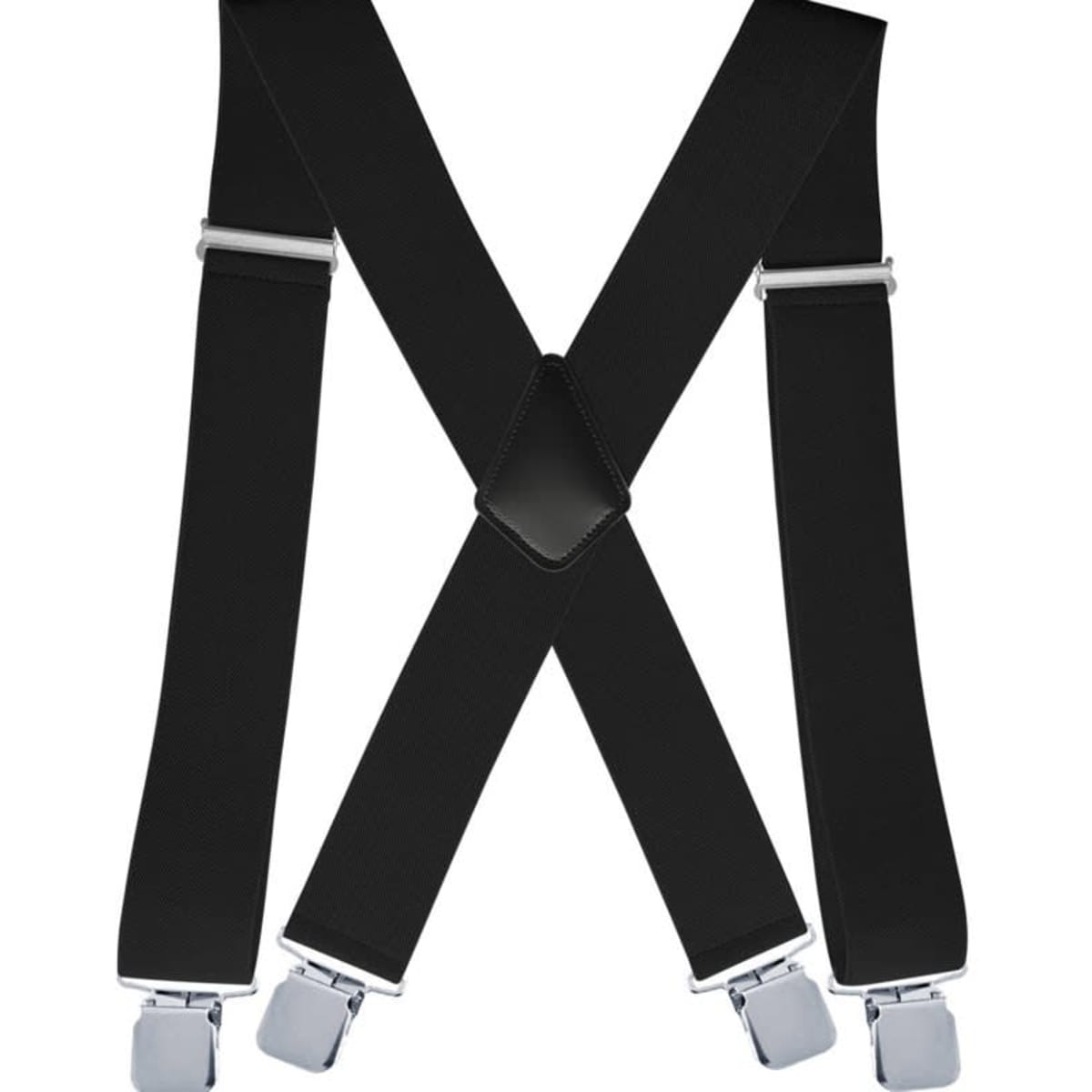 A pair of black adjustable elastic suspenders with silver clips, featuring an X-back design and a logo.