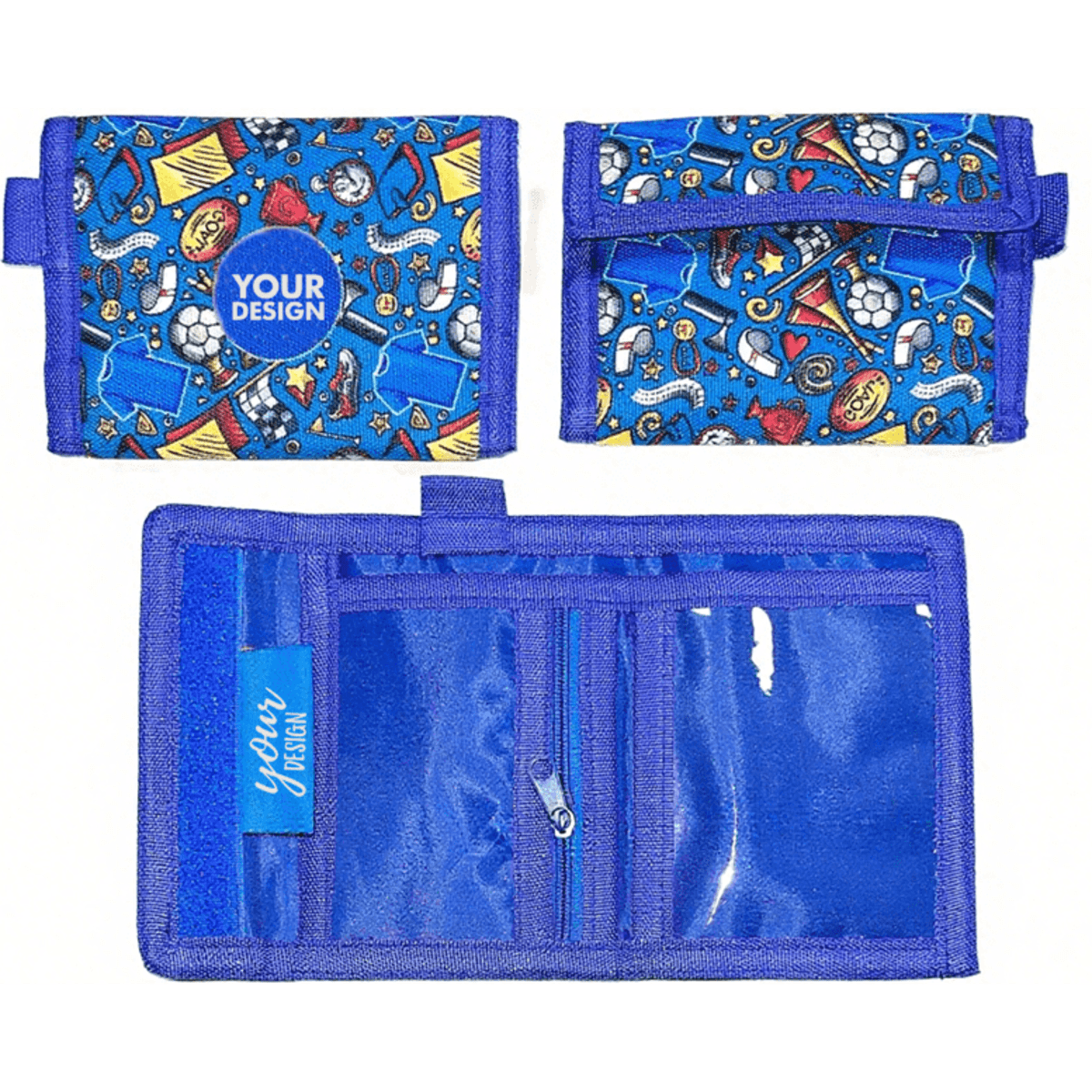 A trifold coin purse in blue featuring a playful pattern and a keychain attachment. Includes multiple compartments.