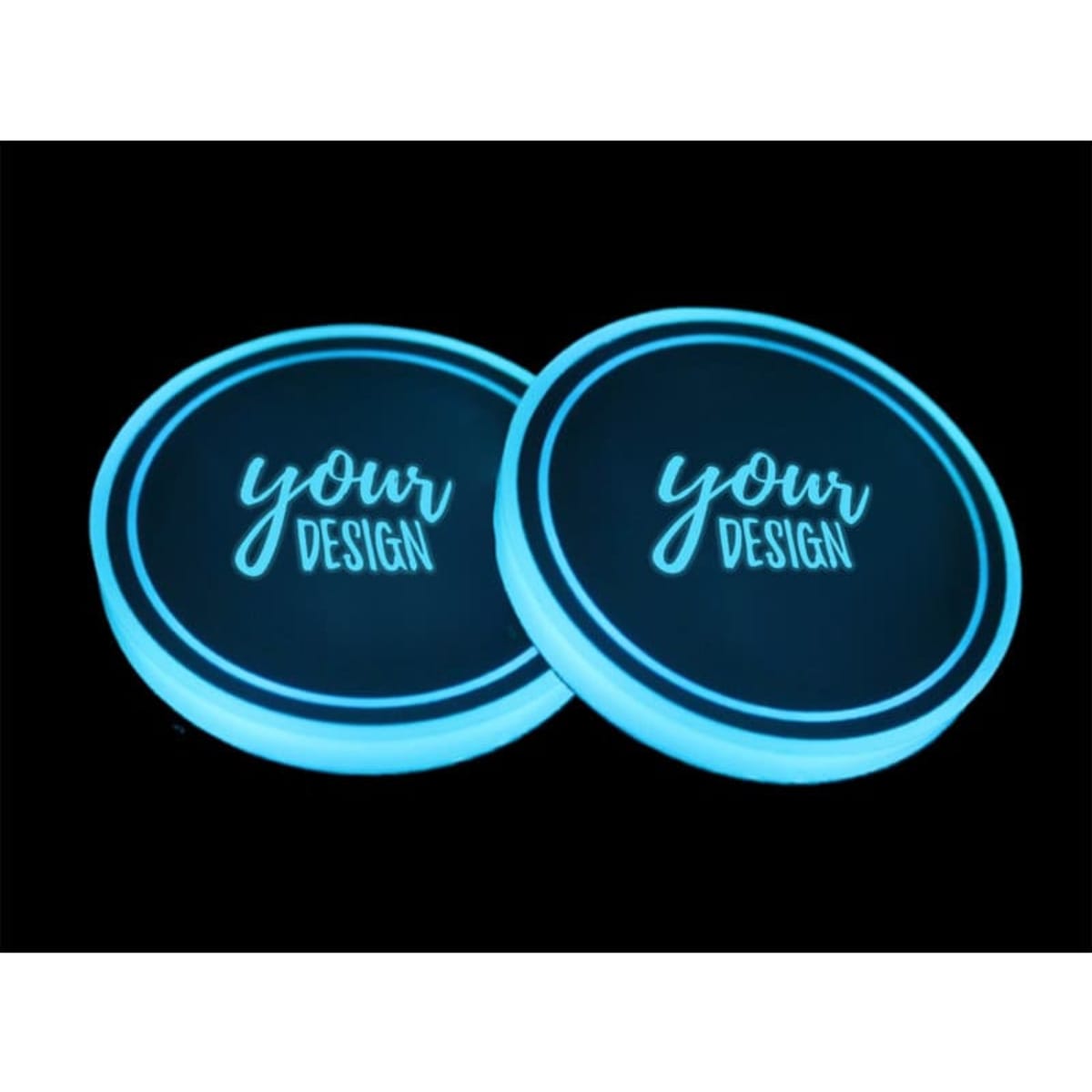 Two circular LED coasters illuminated in blue light, featuring a customisable design area.