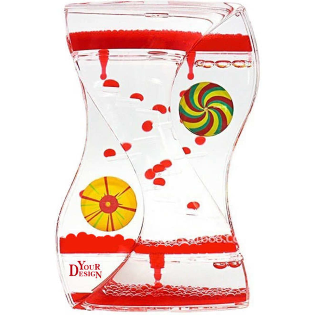 A liquid motion bubbler timer with red balls and colourful swirl designs, encased in a clear plastic body.