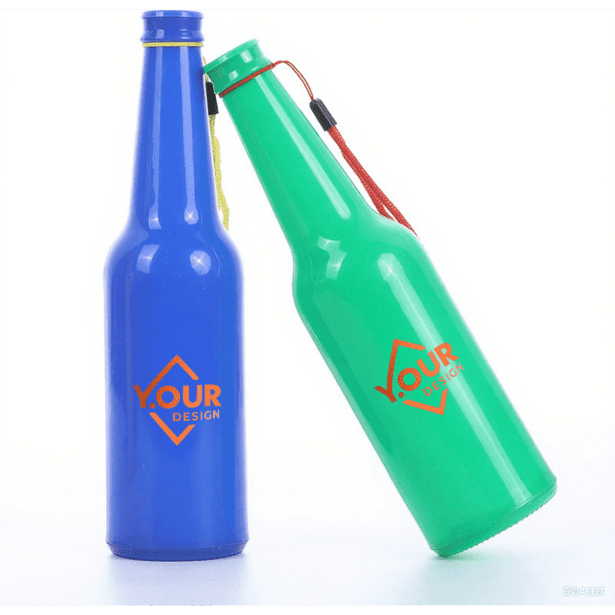 A drink bottle shaped like a beer bottle, featuring blue and green colours with a logo on each side.