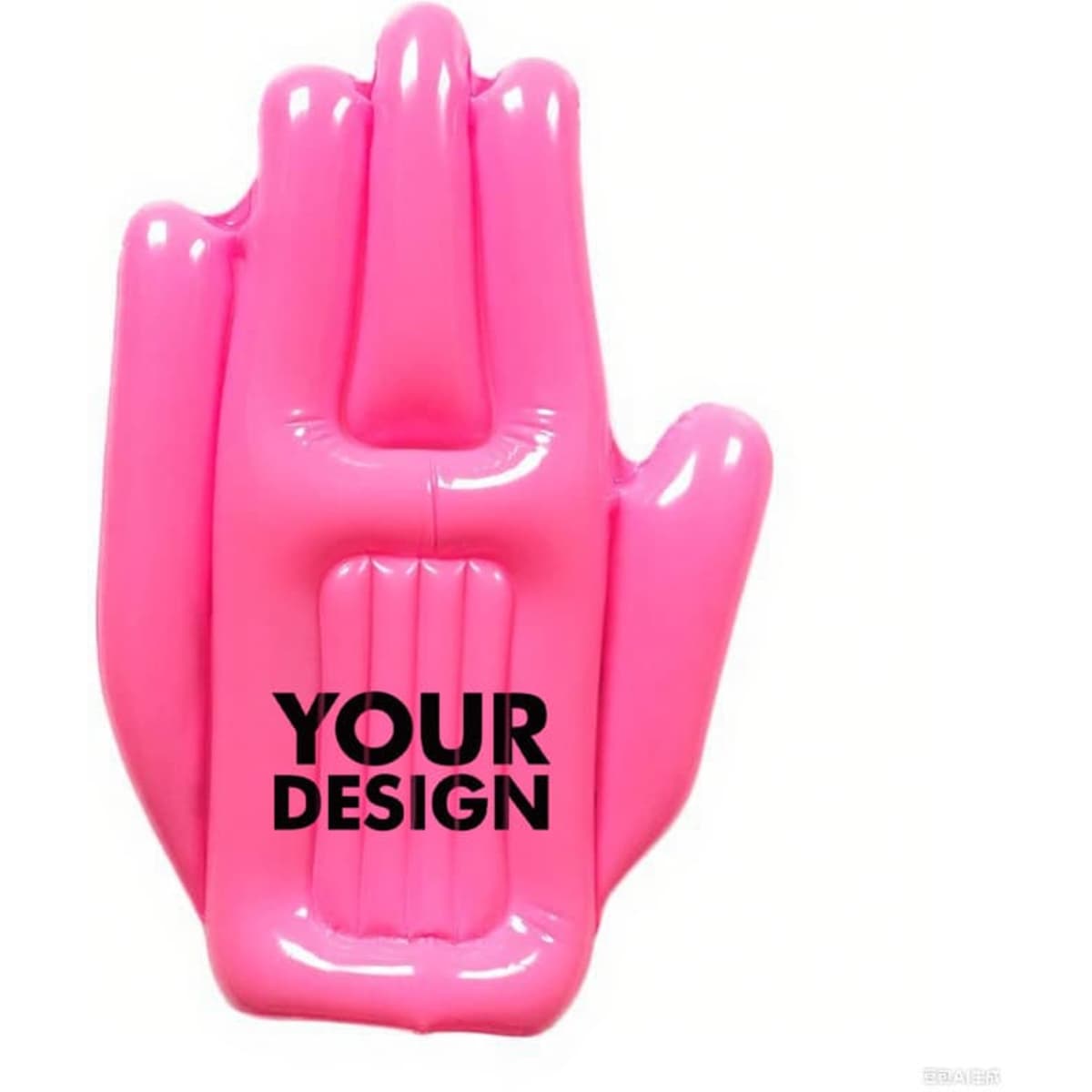 A bright pink inflatable cheering hand with a branding area, suitable for novelty items and fun events.