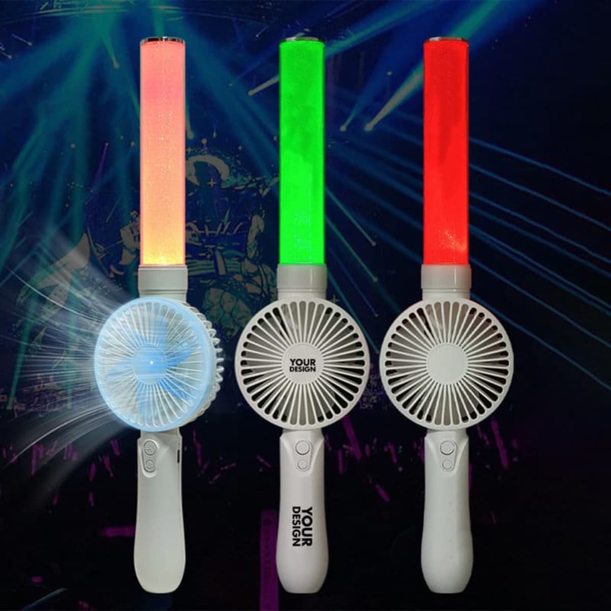 LED glow sticks with fans in red, green, and multicoloured options, featuring a white fan base and logo.