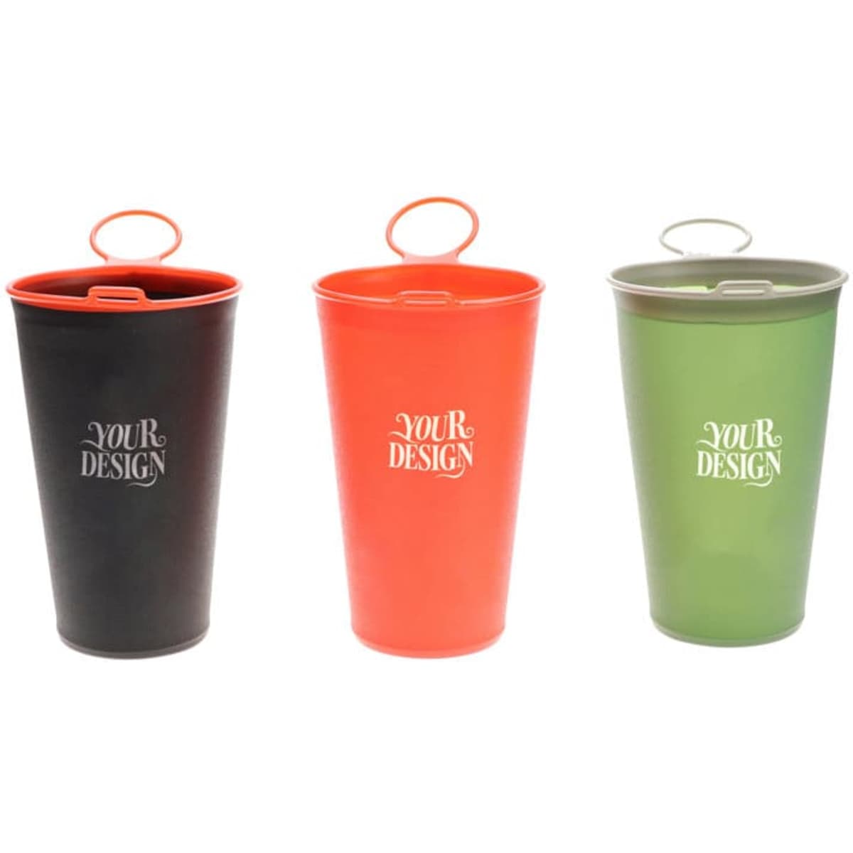 A drink bottle in black, orange, and green, featuring a lid with a handle and a logo.