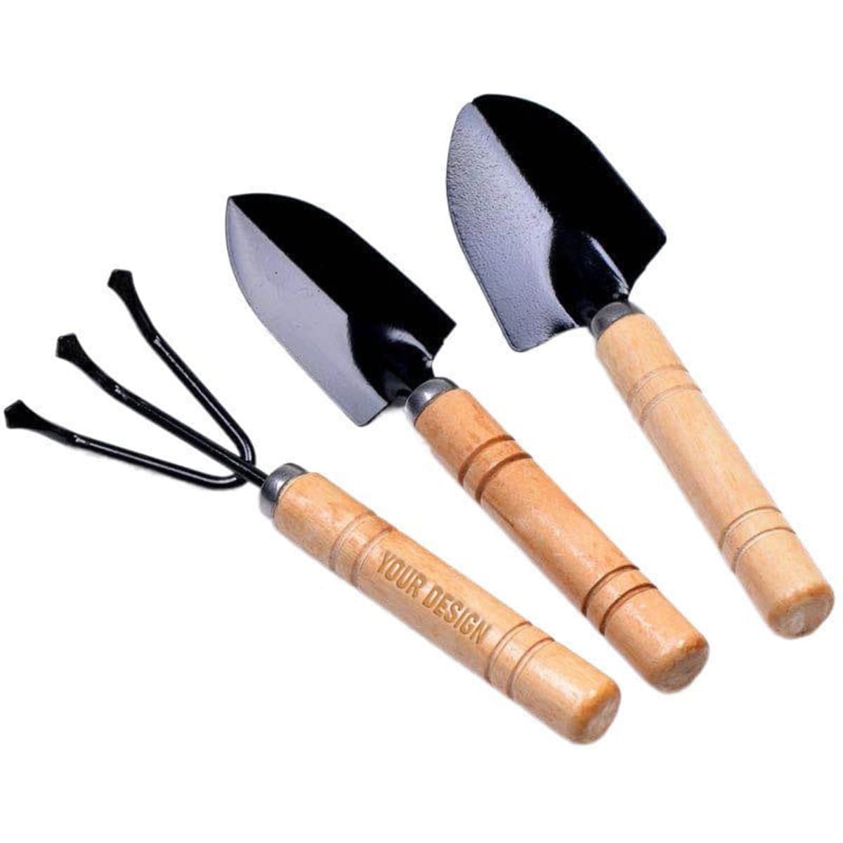 A gardening tools set featuring three tools with wooden handles and black metal heads: a trowel, a transplanter, and a cultivator.