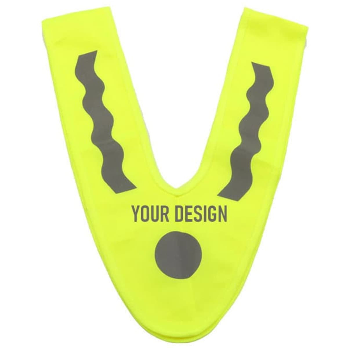 A bright yellow children's triangle reflective safety vest featuring a logo and a blank design area for customisation.