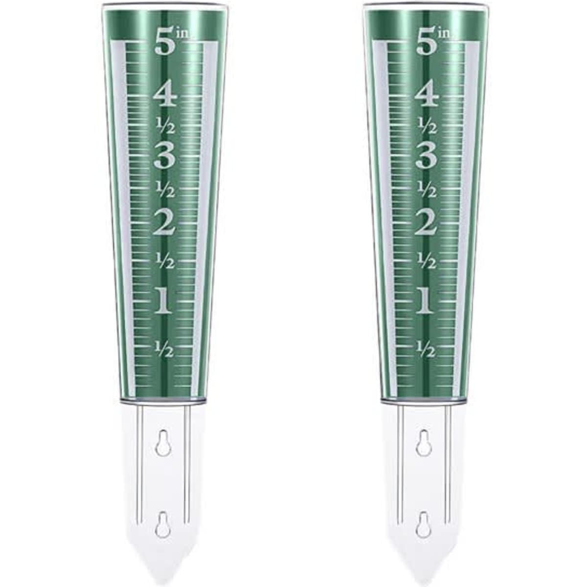 A magnifying rain gauge featuring a green measurement scale and clear section at the bottom for ground placement.