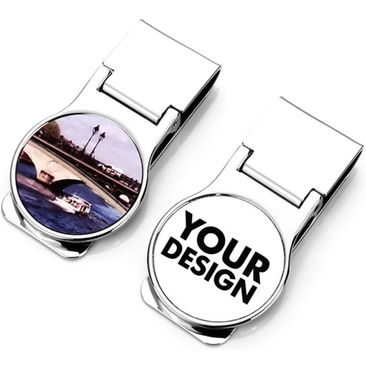 A silver custom logo money clip featuring a circular design area on one side and smooth surface on the other.