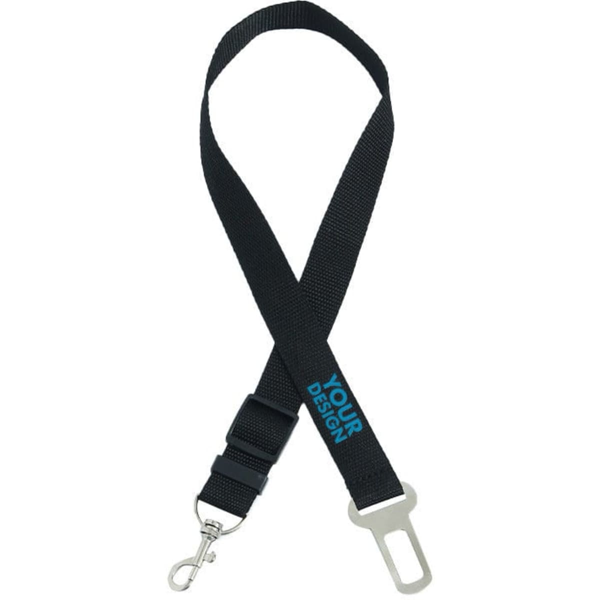 A retractable pet car seat belt in black with a silver clip, featuring space for custom design.
