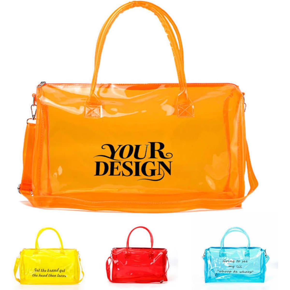 Custom clear duffle bags in orange, yellow, red, and blue, featuring one with a logo and the option for personal design.