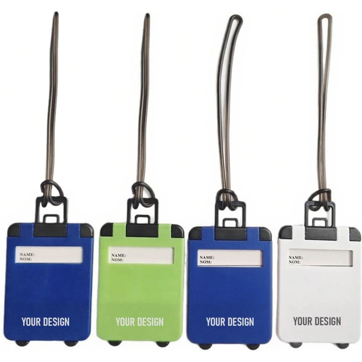 Mini suitcase luggage tags in blue, green, and white, with a hook and space for personal details. Each has a logo.