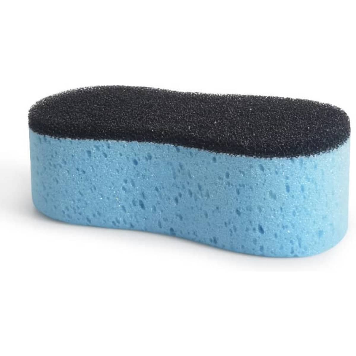 A blue and black custom printed car wash sponge with a textured surface and a smooth base.