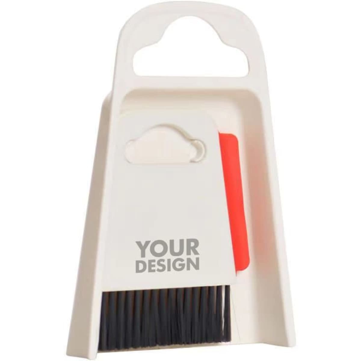 A table cleaning brush with a black bristle head and a white dustpan featuring a handle and a red accent.
