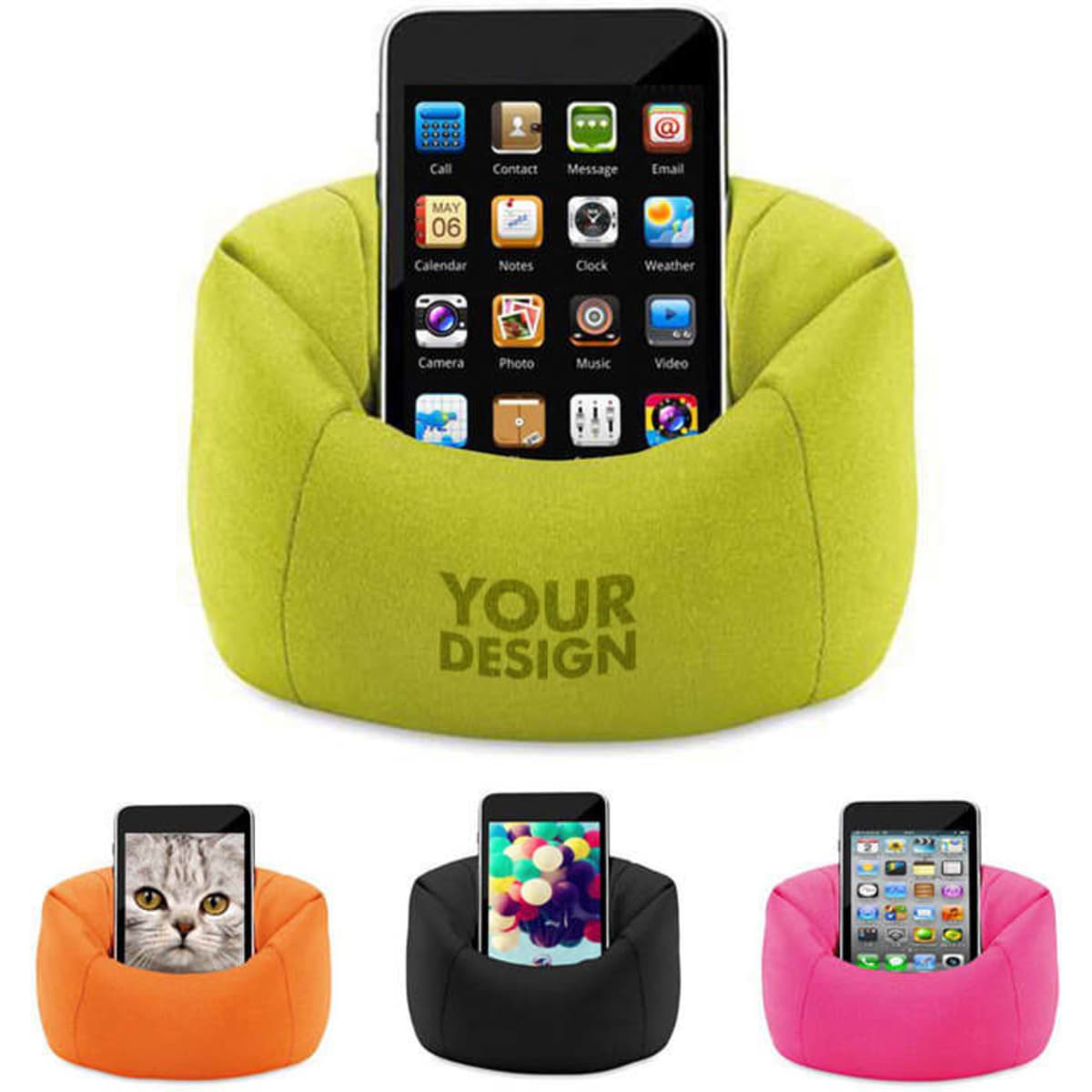 A green bean bag phone holder with a smartphone, alongside orange, black, and pink versions. Features a logo.