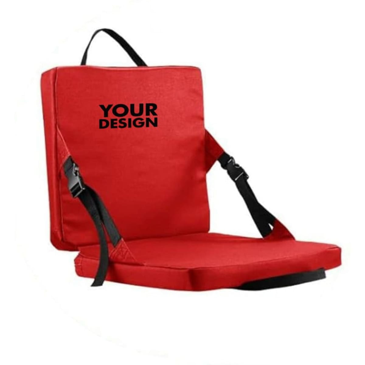A red foldable stadium seat cushion with adjustable straps and a branding area. Ideal for leisure activities outdoors.