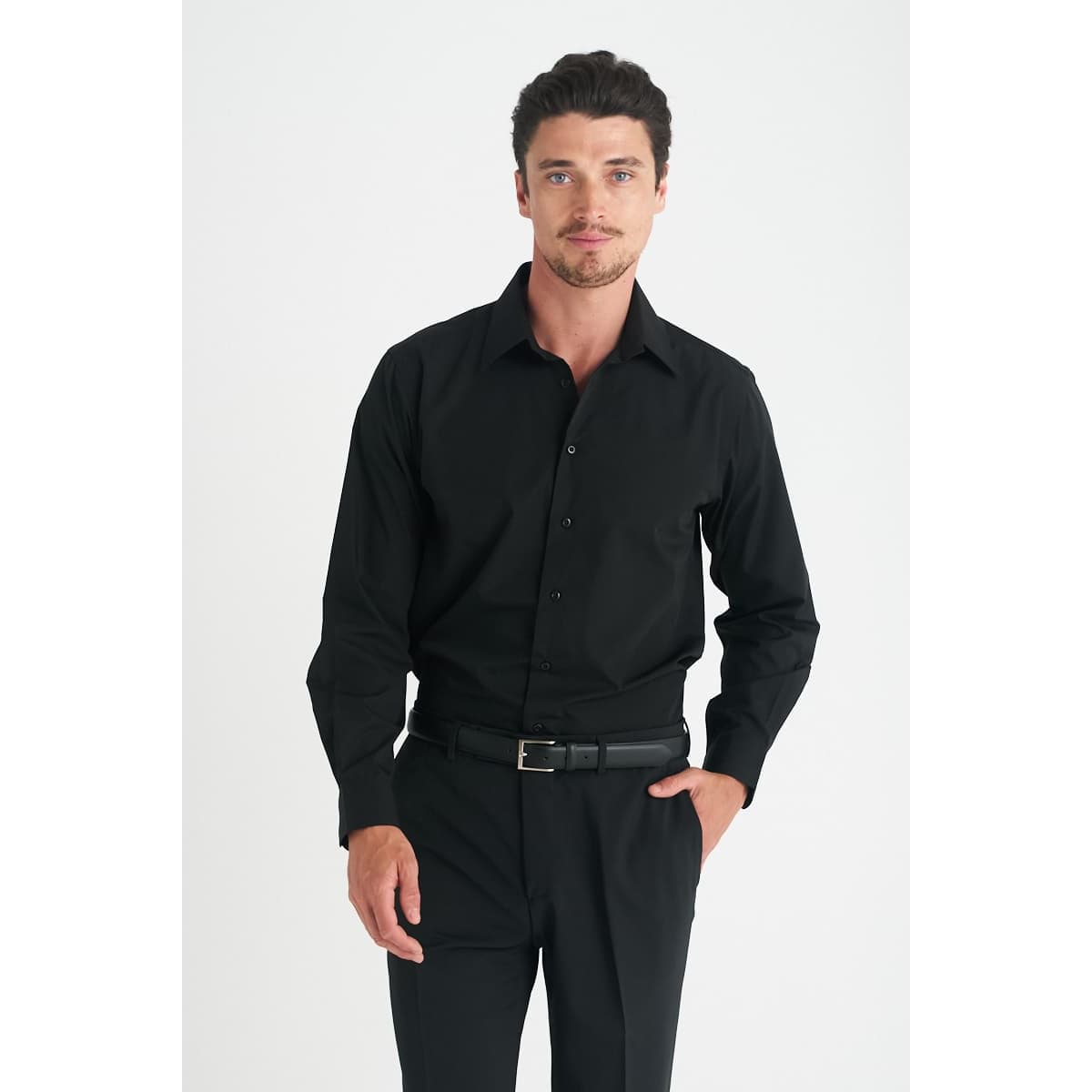 A black long sleeve button-up shirt for men, featuring a fitted design and a subtle logo.