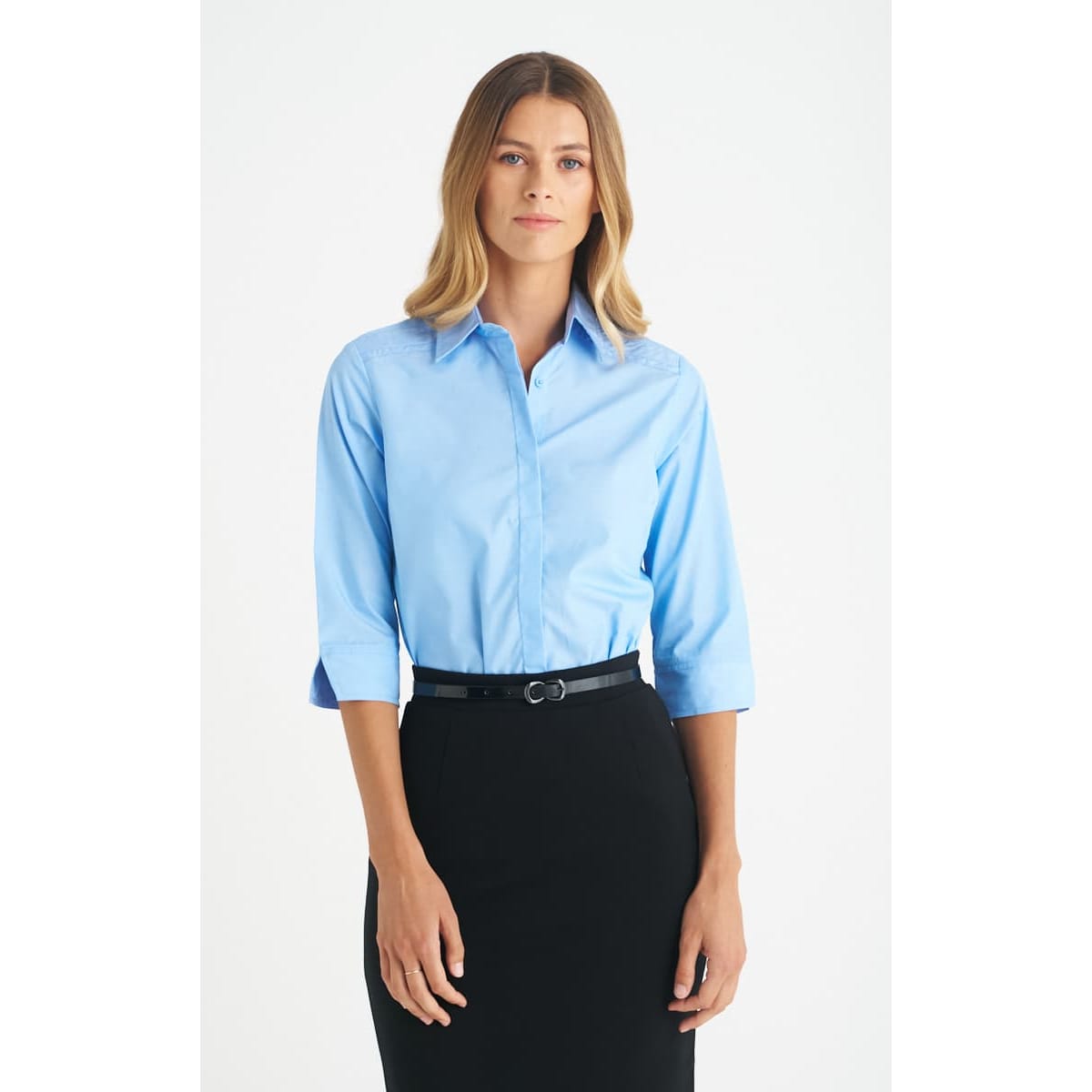A blue ladies' 3/4 sleeve button-up shirt with a classic collar, styled with a black skirt. Features a small logo.