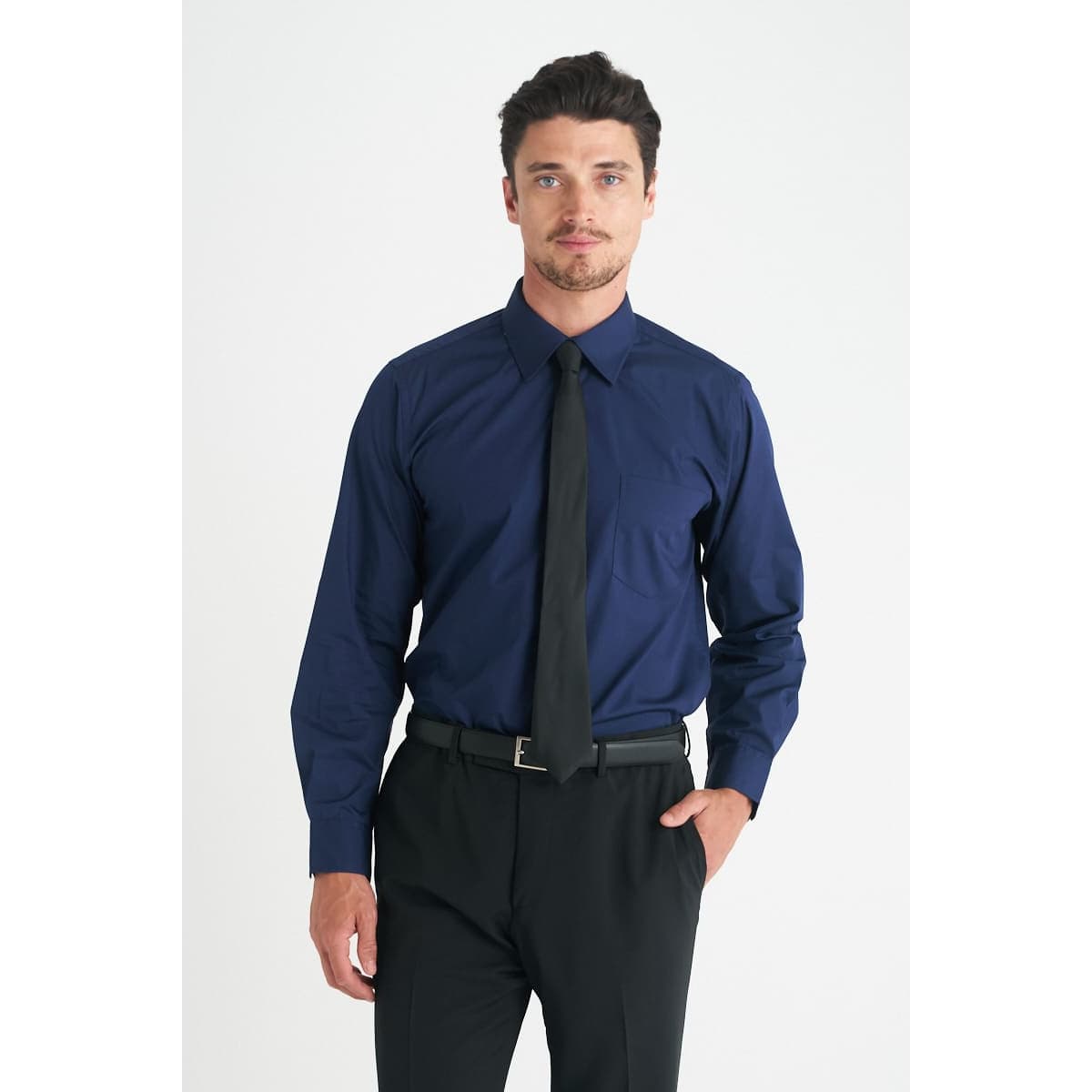 A men's long sleeve button-up shirt in navy blue, featuring a collar and a matching tie, with a logo on the chest.