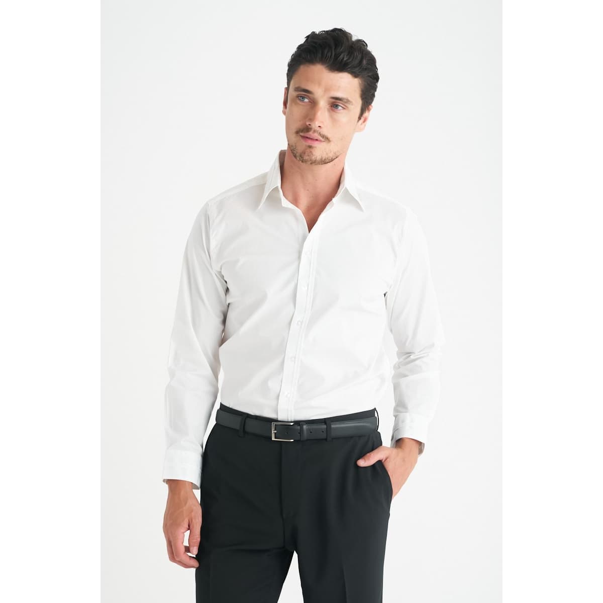 A men's long sleeve button-up shirt in white, featuring a sleek design and a logo on the chest.