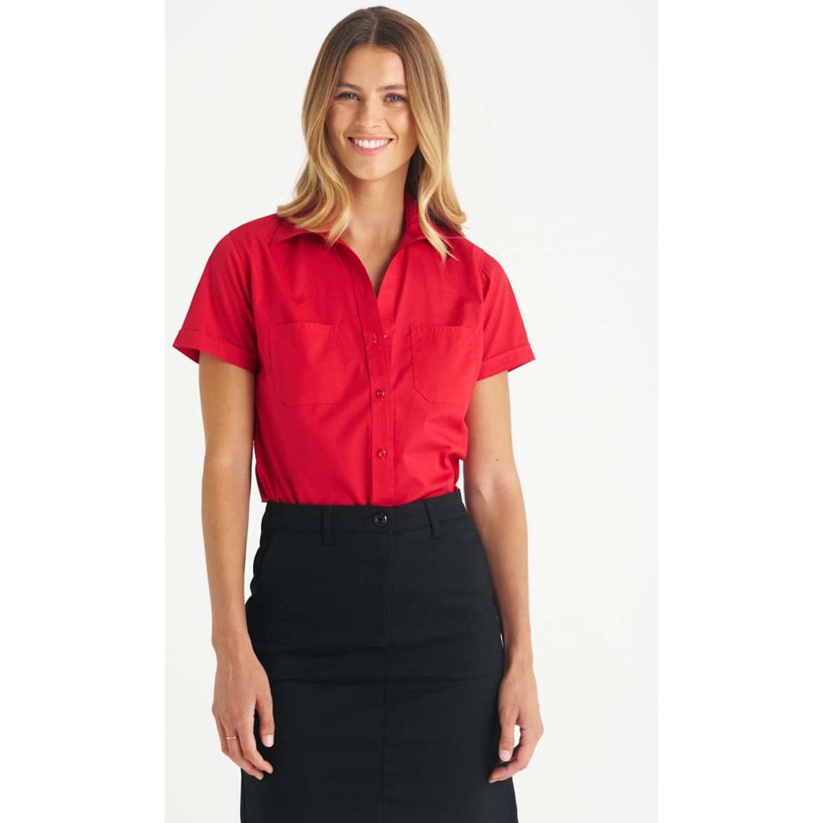 A red button-up shirt for ladies with short sleeves and a collar, featuring two chest pockets.