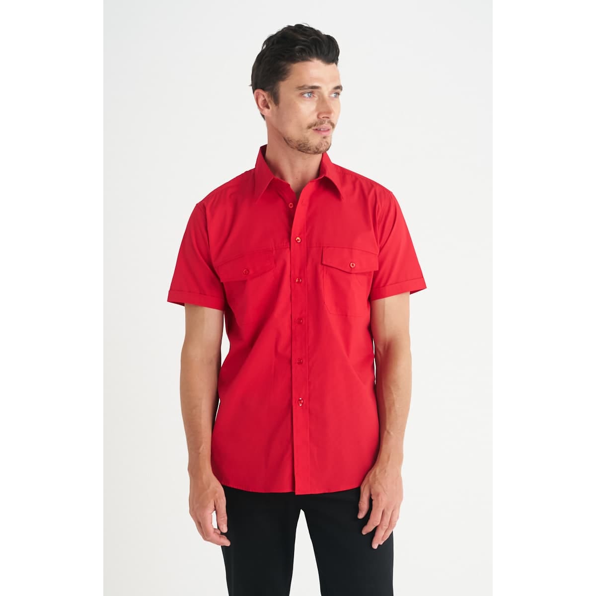 A red short sleeve button-up shirt for men with two chest pockets and a brand logo.