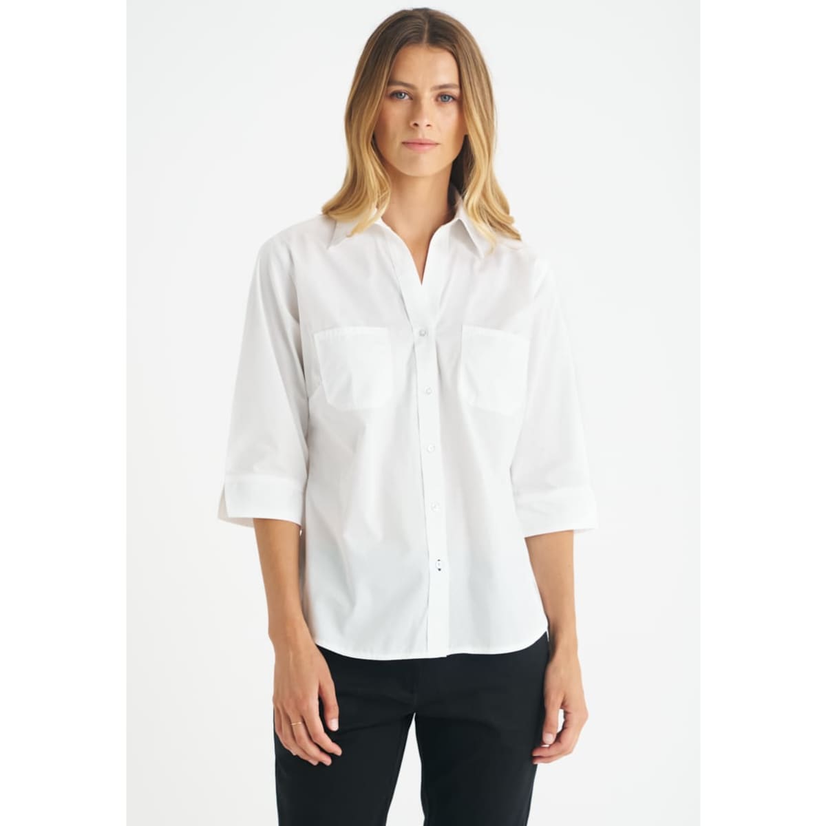 A white ladies' 3/4 sleeve button-up shirt with two chest pockets and a branding logo.
