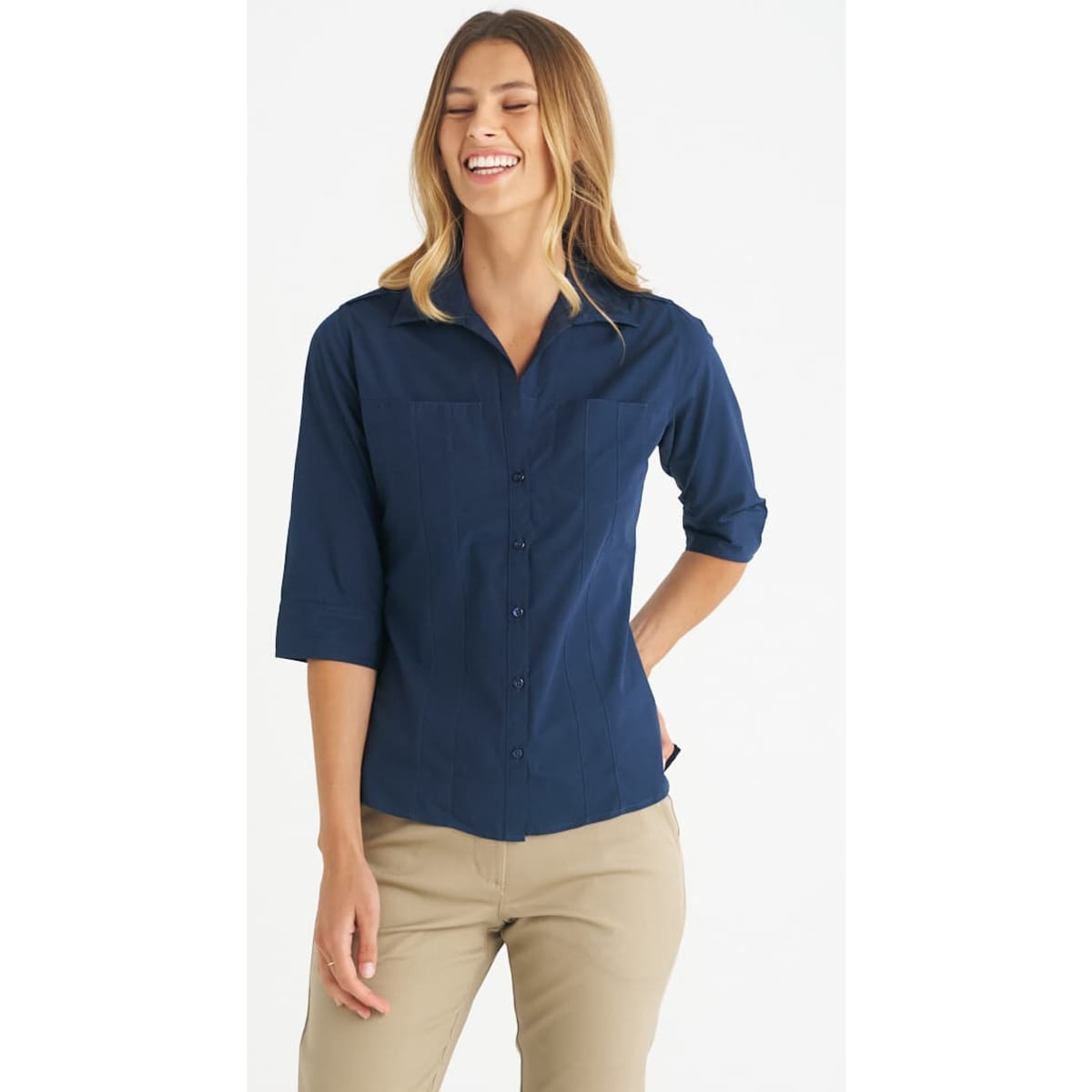 A navy blue ladies' button-up shirt with three-quarter sleeves and a collar, featuring a branded logo.