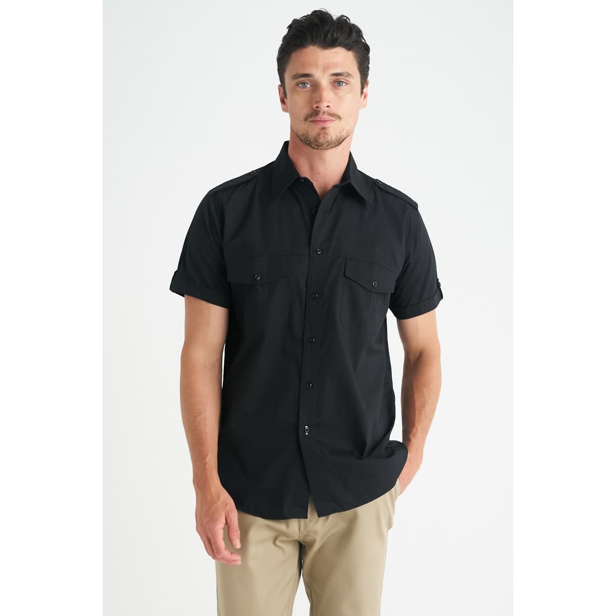 A black men's short sleeve button-up shirt features two chest pockets and a logo.