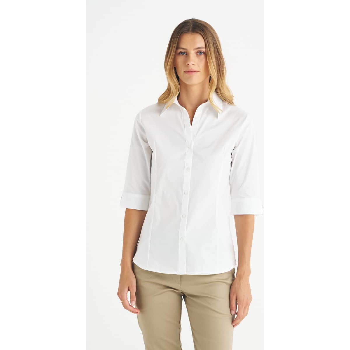 A button-up shirt in white with 3/4 sleeves, featuring a collar and a branded logo.