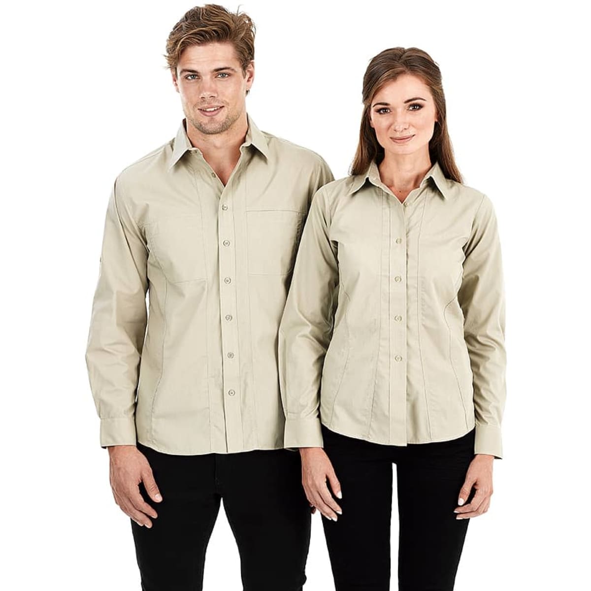 Aston men's long sleeve button-up shirt in a light beige colour, modelled by a man and a woman.