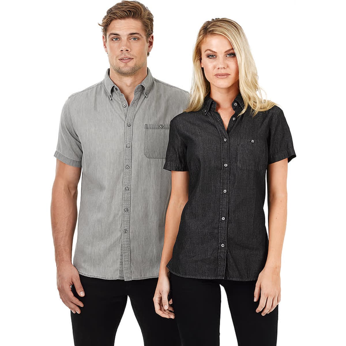 A men's short sleeve button-up shirt in grey with a pocket, and a women's version in black, both featuring buttons.