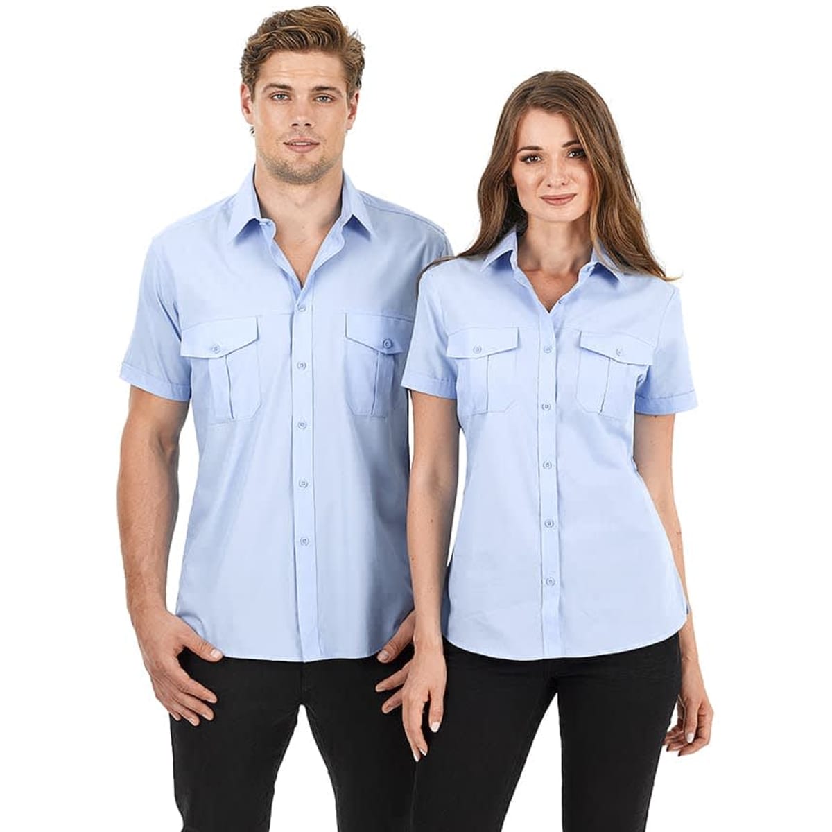 A light blue short sleeve button-up shirt on male and female models, featuring two pockets and a logo.