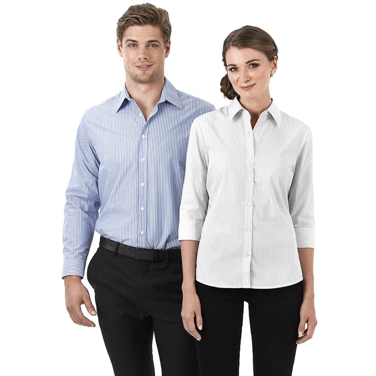A ladies' 3/4 sleeve button-up shirt in white and blue striped patterns, featuring a logo.