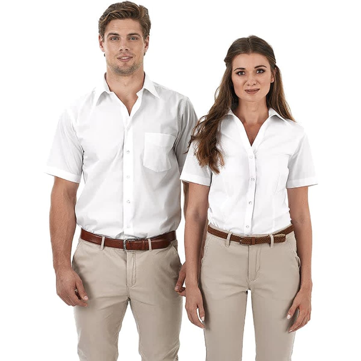 A white short sleeve button-up shirt for men, featuring a pocket and a classic collar.