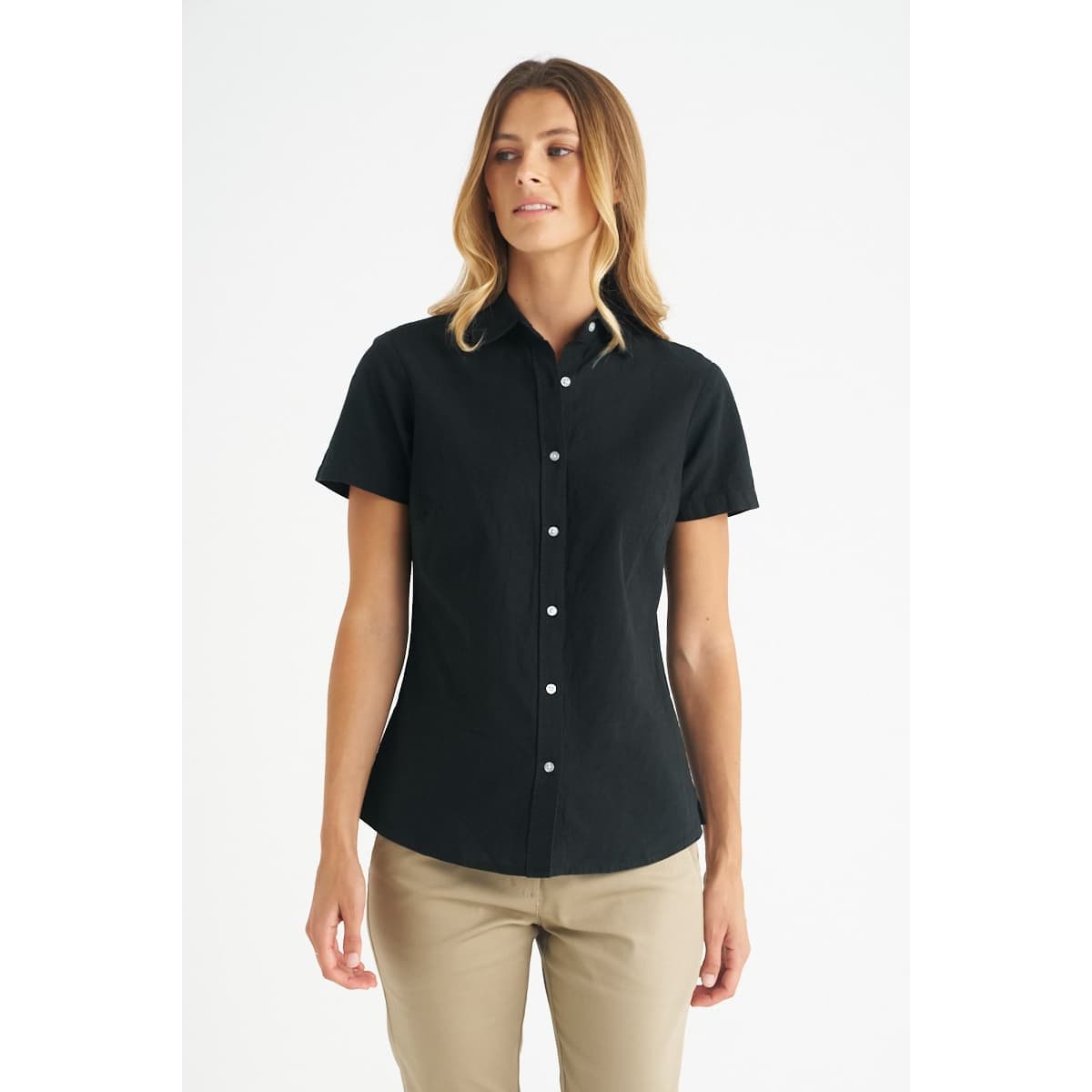 A black ladies short sleeve shirt with a collared neckline and button front, featuring a logo.