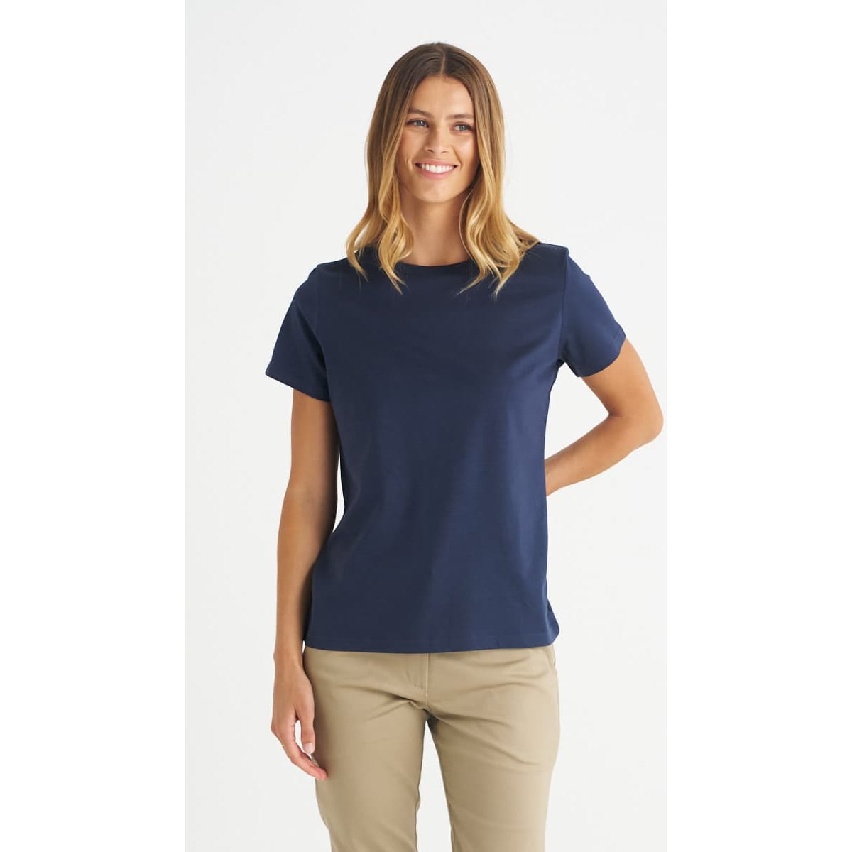 A navy ladies' T-shirt with short sleeves, featuring a relaxed fit and a subtle logo.