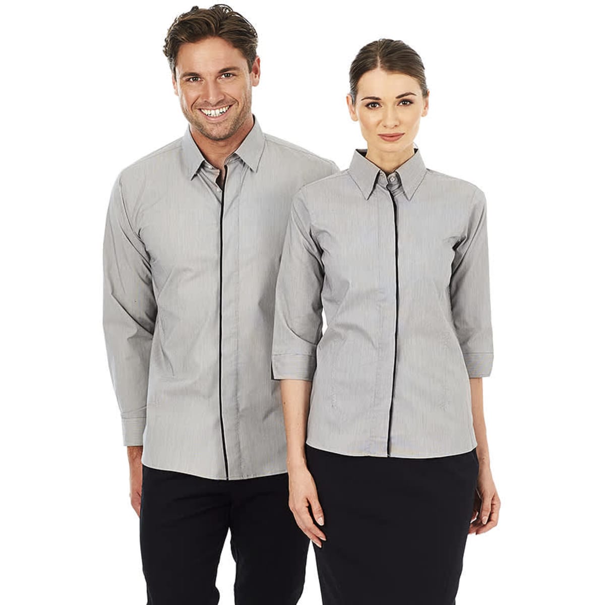 A grey button-up long sleeve shirt for men, featuring a collar and a logo. Casual design with a tailored fit.